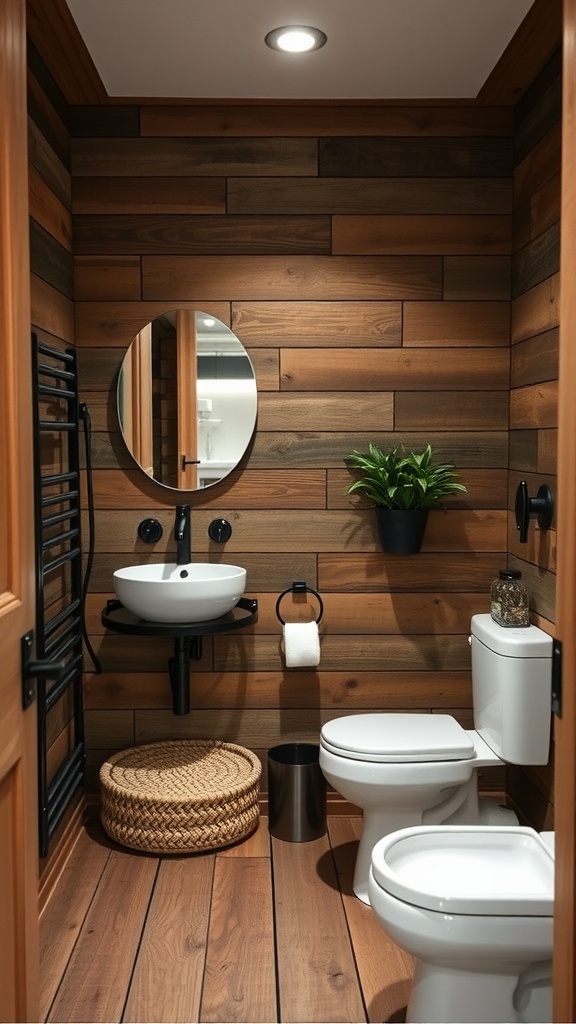 A compact rustic bathroom with wooden walls, a circular mirror, a minimalist sink, and black fixtures.