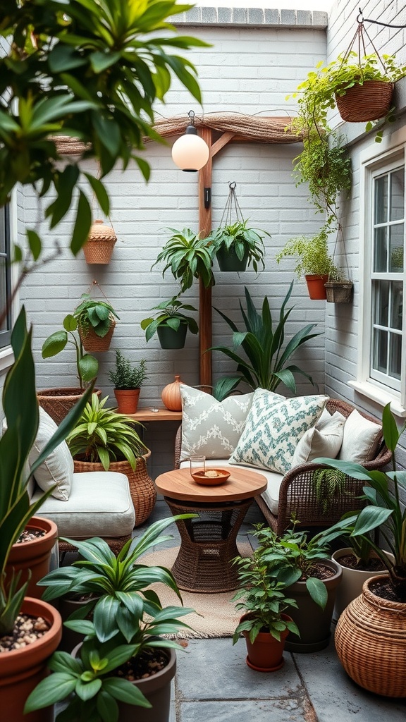 A cozy compact seating nook in a backyard, surrounded by plants and featuring a small table with cushions.