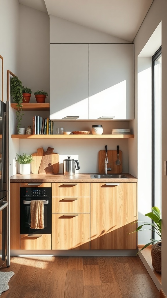 A compact urban kitchen featuring light wood cabinetry, open shelves, and a bright window.