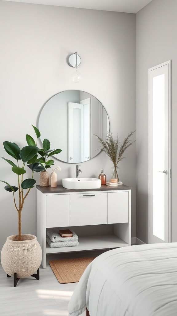 A compact bathroom vanity with a round mirror, potted plant, and decorative items.