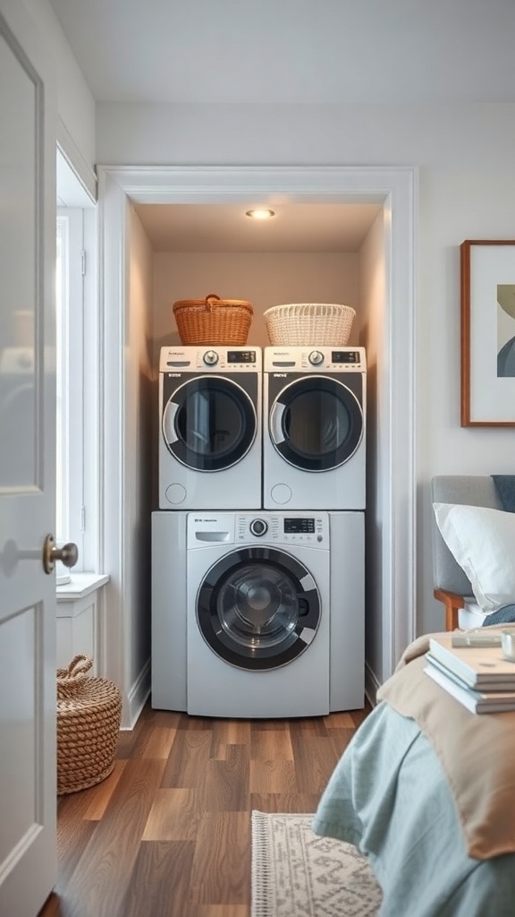 A compact laundry setup featuring stacked washer and dryer with storage baskets on top.
