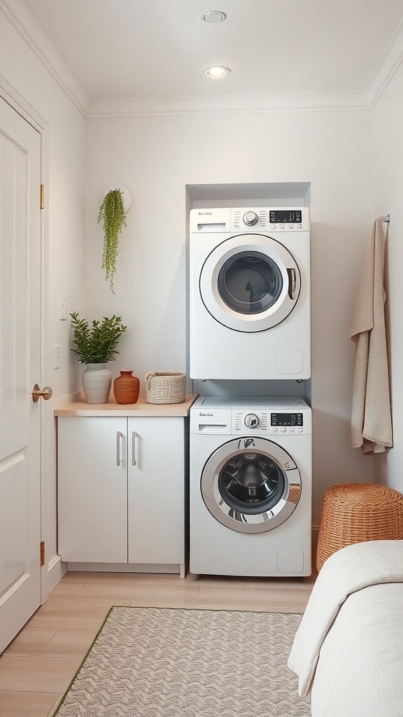 Compact washer and dryer setup in a small laundry room with storage and plants