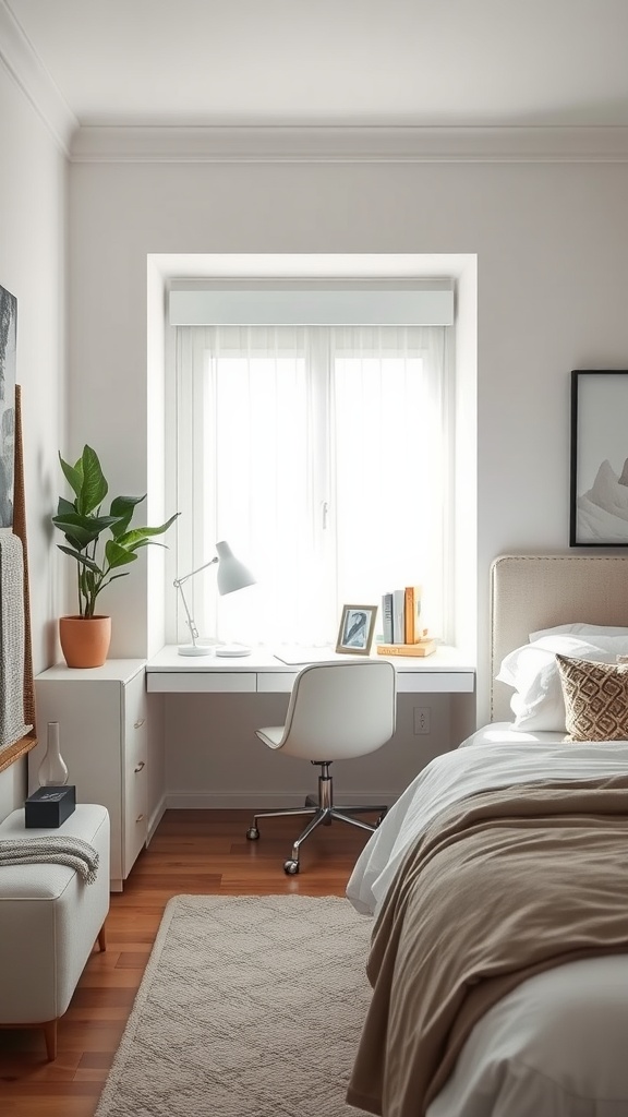 Compact workspace in a small masculine bedroom with a desk by the window, a plant, and a cozy chair.