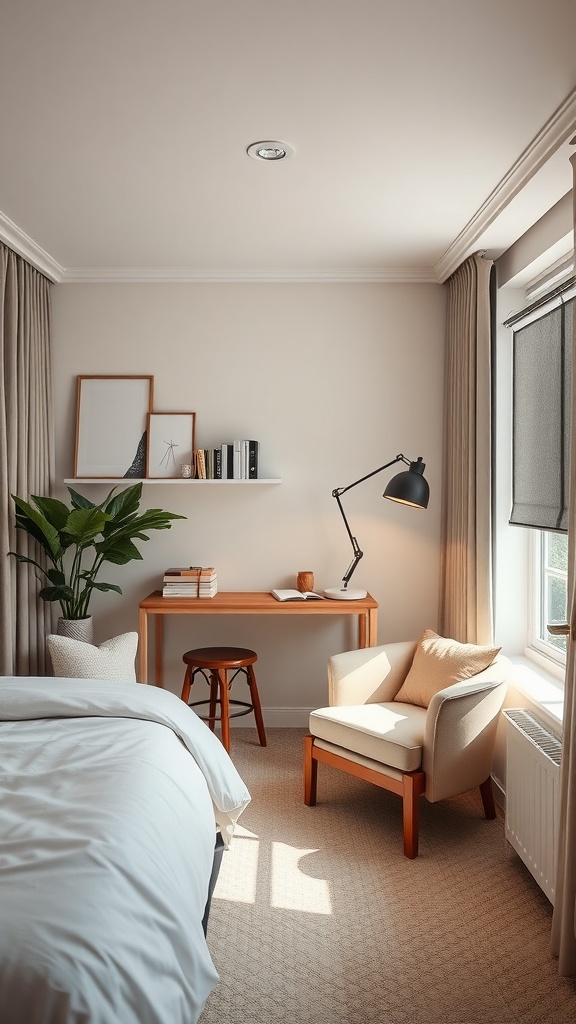 A cozy bedroom corner featuring a compact workstation with a desk, chair, and decorative elements.