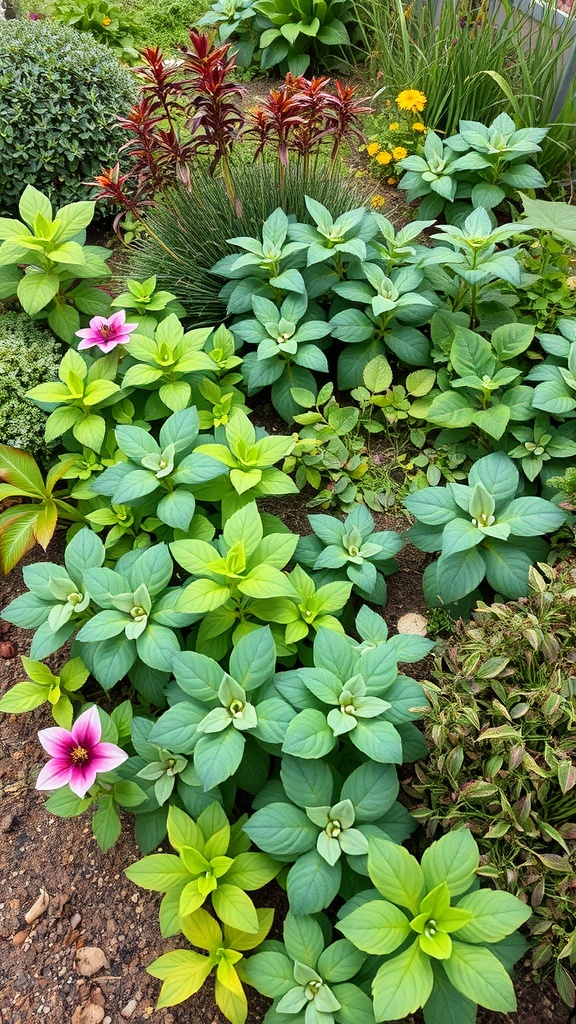 A vibrant garden with various plants growing together.