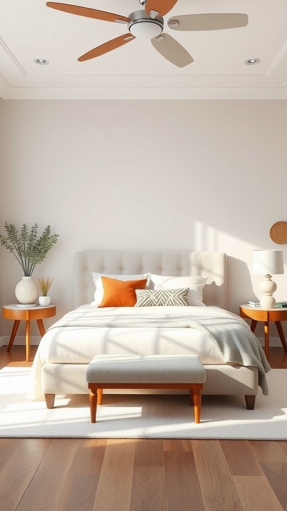 A bright and airy bedroom with a bed, decorative pillows, and a ceiling fan.