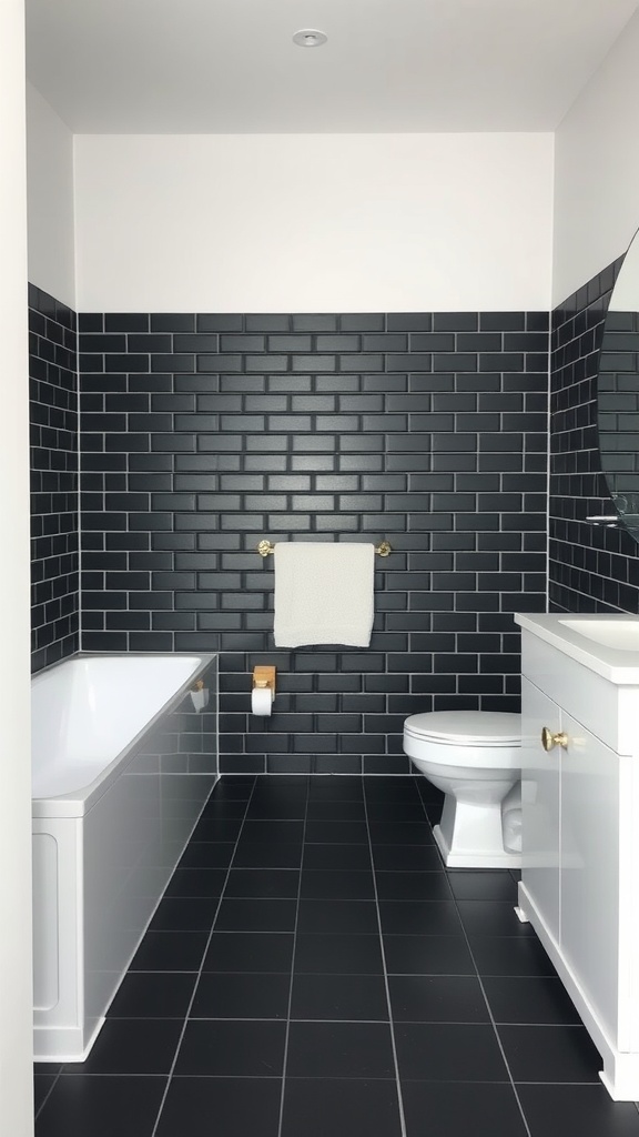 A modern bathroom featuring a black tile floor and black tiled walls with a white bathtub and sink.