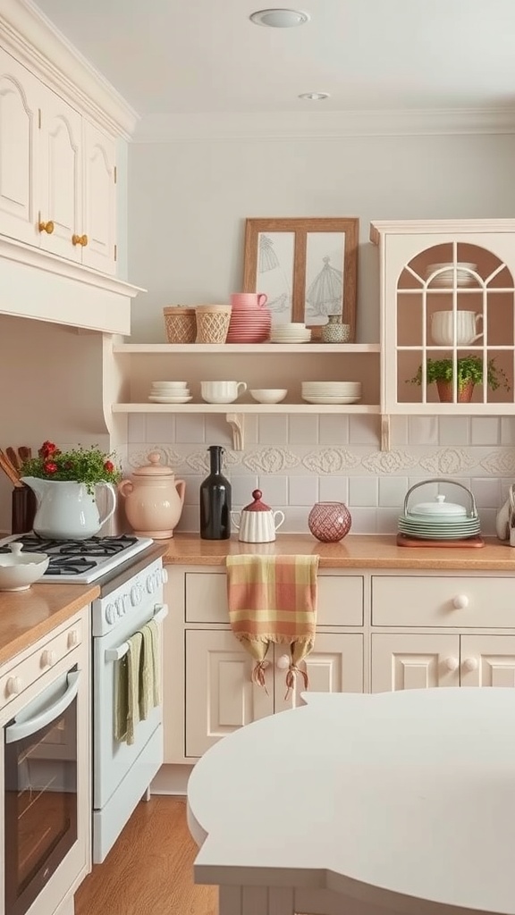 A beautifully designed Victorian kitchen with light pink cabinetry, wooden countertops, and colorful kitchenware.