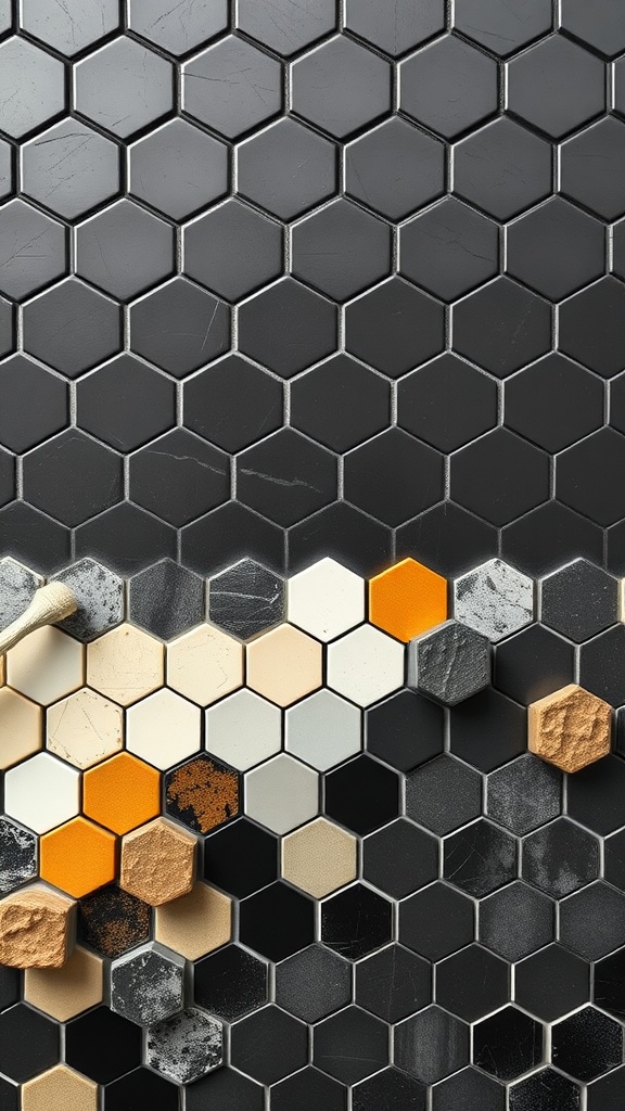 Black hexagon tiles with a mix of light and dark grout options.