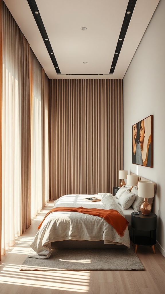 A cozy bedroom with vertical blinds, a bed with light bedding, and warm accent decor.