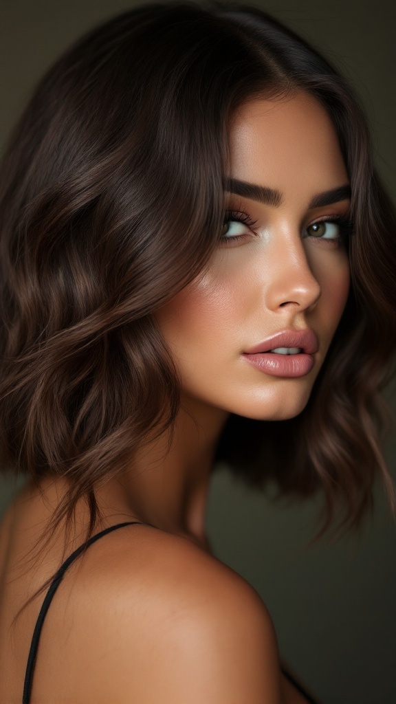 A woman with medium-length butterfly cut hair, showcasing a natural makeup look that highlights her features.