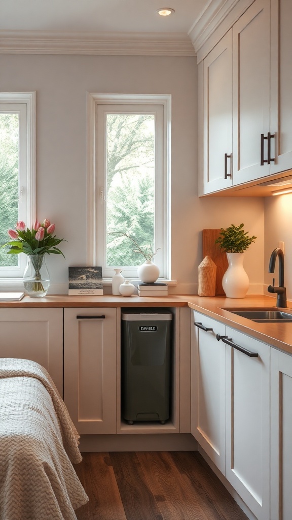 A modern kitchen with a compost bin integrated into the cabinetry, featuring natural light and stylish decor.
