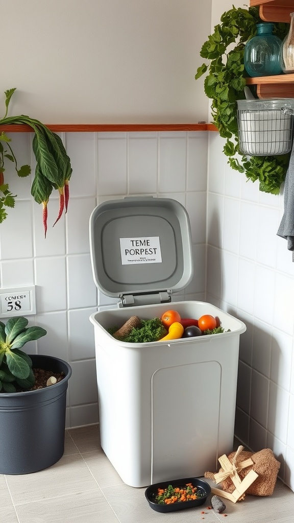 A modern kitchen compost bin with fresh kitchen scraps, surrounded by potted plants.