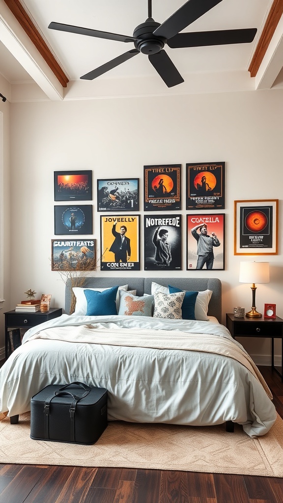 A cozy bedroom with a gallery of concert posters on the wall, featuring a stylish bed and decorative elements.