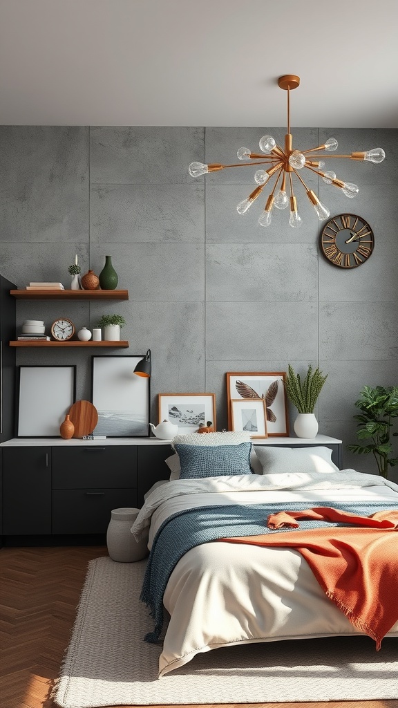 A modern kitchen with a concrete accent wall, featuring stylish decor and warm wooden elements.