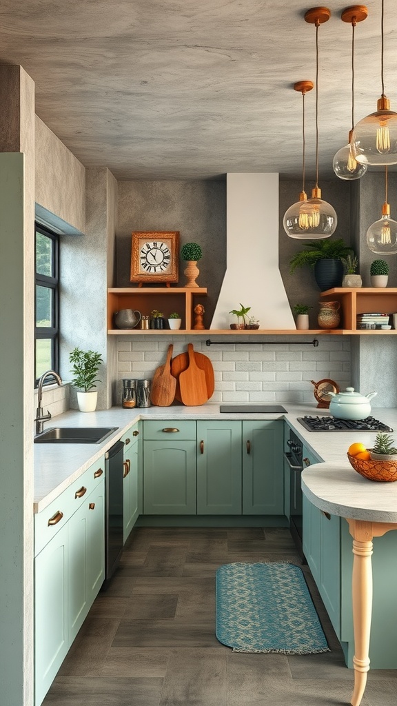A vintage style kitchen featuring mint green cabinets, concrete ceiling, and rustic wooden accents.
