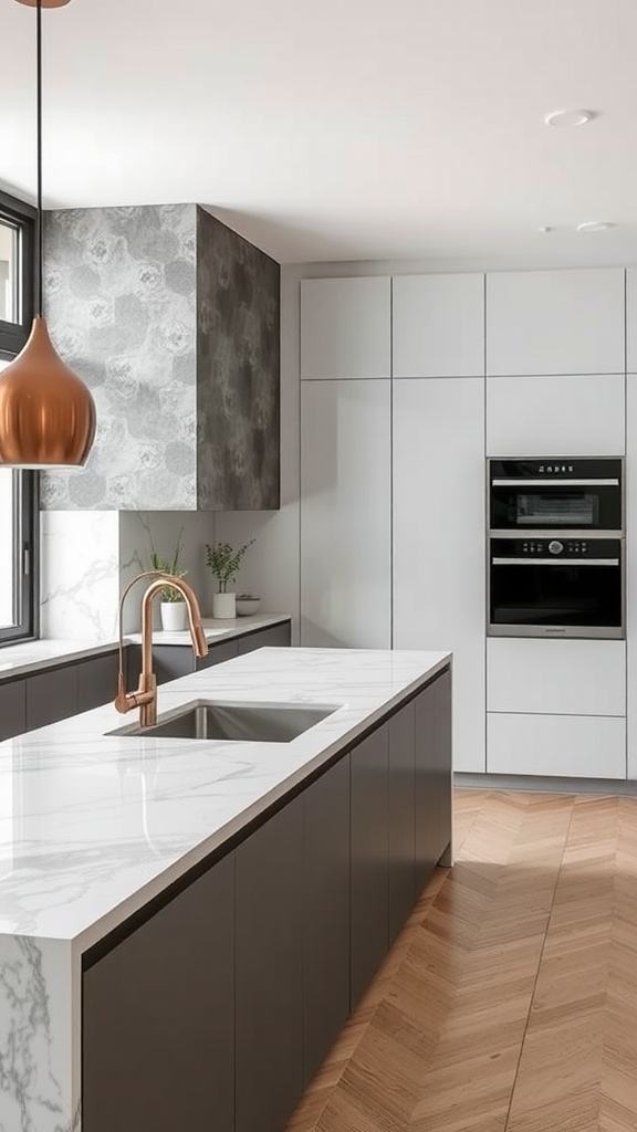 Modern kitchen featuring a combination of concrete cabinetry and marble countertop.