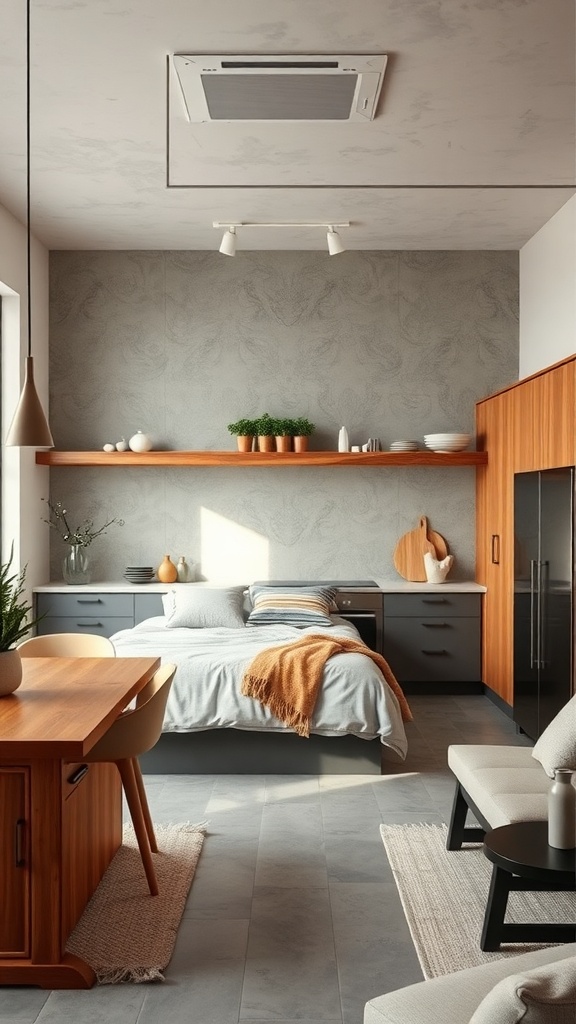 A modern kitchen featuring a combination of concrete walls and wooden furniture, with natural light illuminating the space.