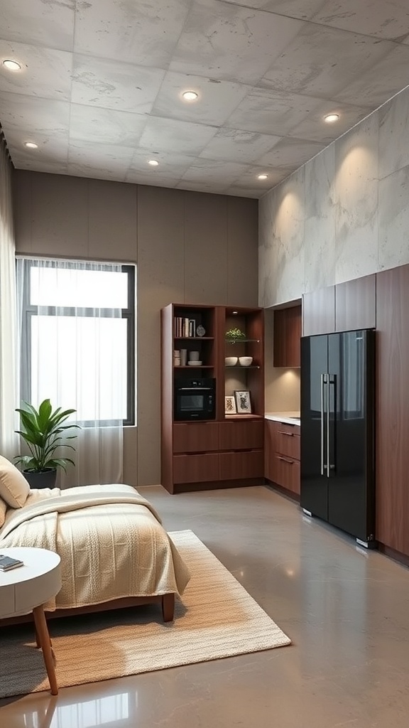 Modern kitchen with concrete ceiling, wooden cabinetry, and black appliances.