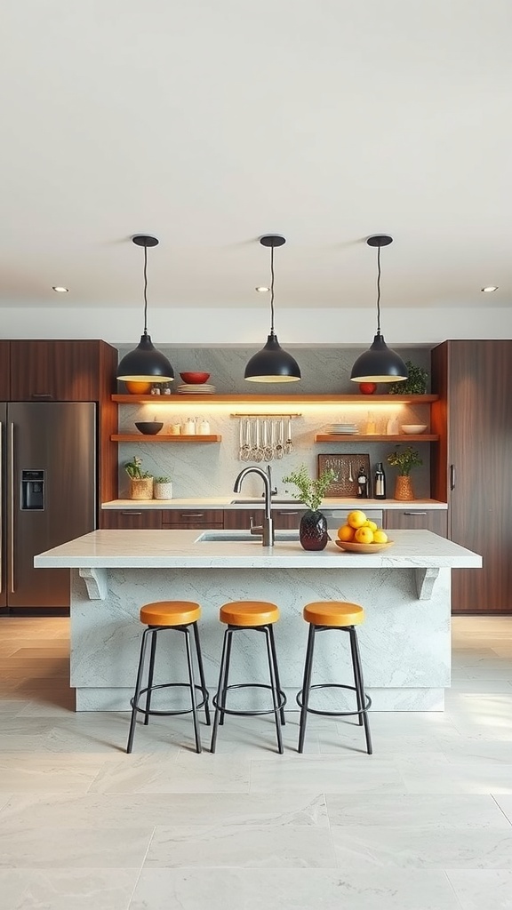 Modern kitchen featuring a concrete bar area with orange stools and pendant lighting