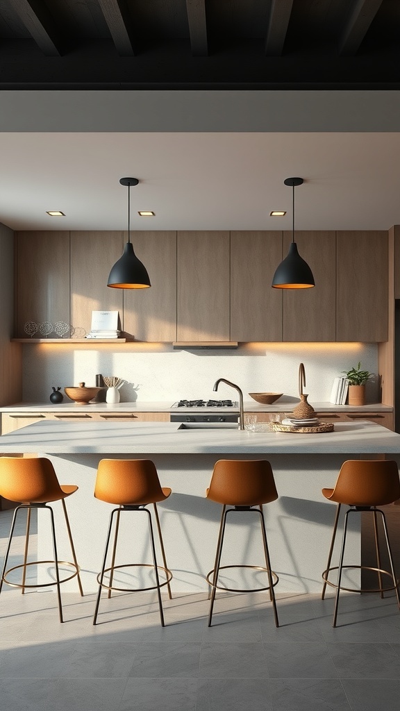 A modern kitchen featuring a concrete bar counter with wooden cabinetry and stylish orange bar stools.