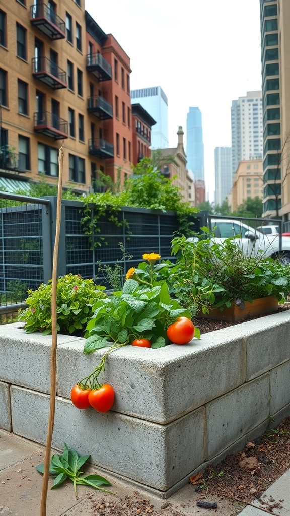 A concrete block planter filled with tomatoes and leafy plants, set against an urban backdrop.