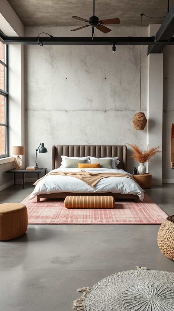 A modern industrial bedroom featuring concrete flooring, a large bed with soft bedding, and warm decor elements.