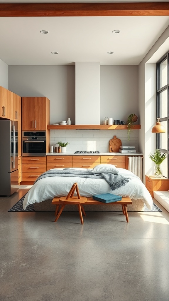 Modern kitchen with concrete flooring and wooden cabinets