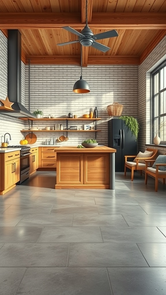 A rustic kitchen featuring concrete flooring, wooden cabinets, and a modern industrial design.