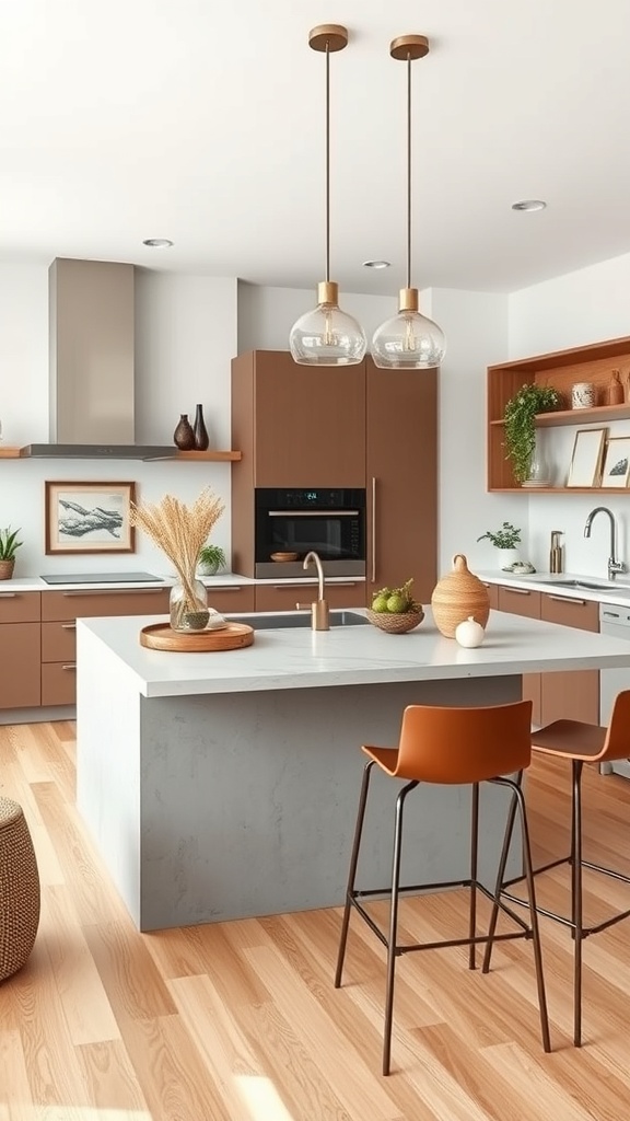 A modern kitchen featuring a concrete island with seating, warm wooden tones, and stylish lighting.