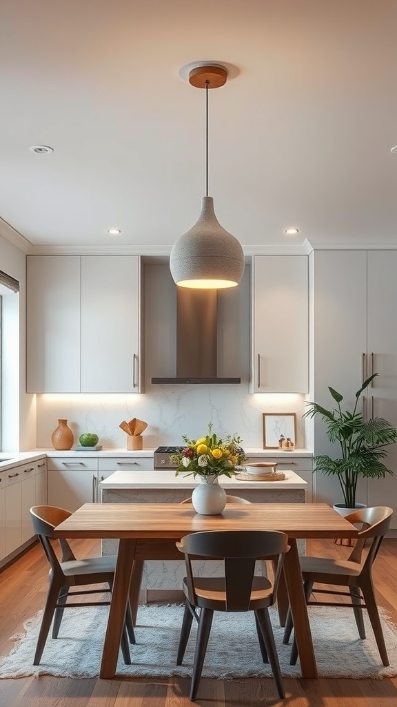 A modern kitchen featuring a concrete pendant light above a wooden dining table.