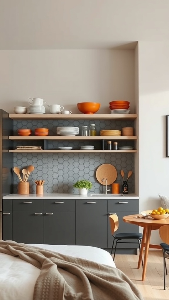 A modern kitchen featuring concrete open shelving with colorful dishware and utensils.