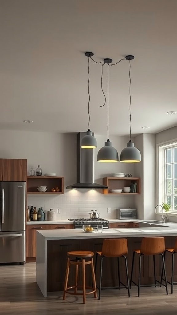 A modern kitchen featuring three concrete pendant lighting fixtures hanging over an island with wooden stools.