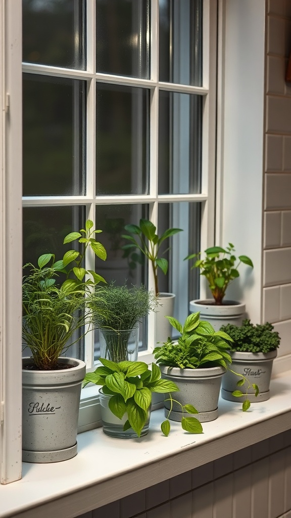 A bright kitchen windowsill featuring various concrete planters filled with fresh herbs.