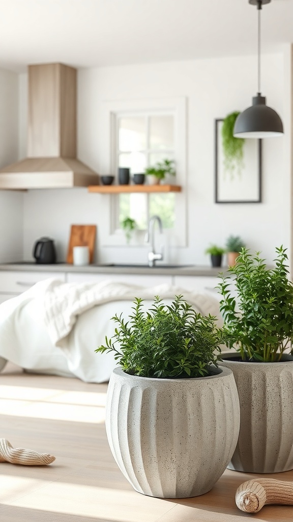 Two concrete planters with green plants in a modern kitchen setting