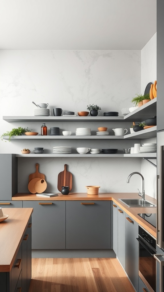 A modern kitchen with concrete shelves displaying various dishware and plants.