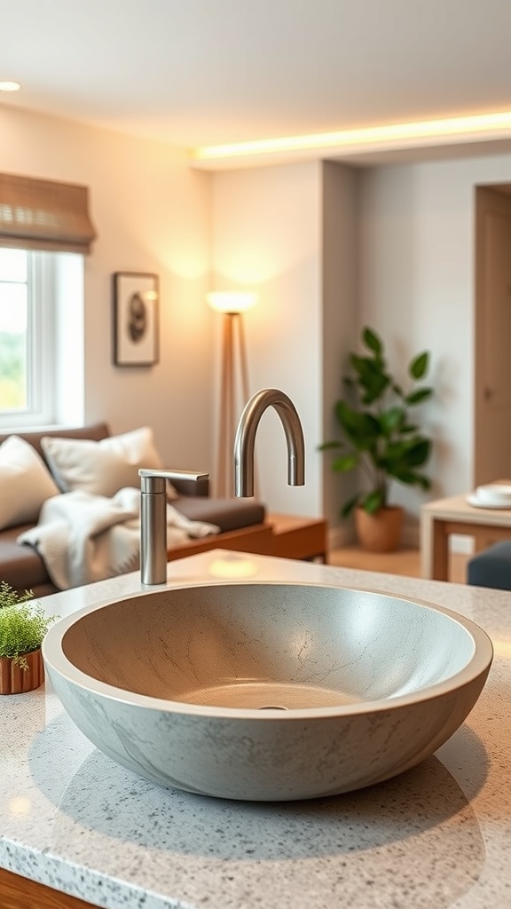 A modern kitchen featuring a round concrete sink and a sleek faucet.