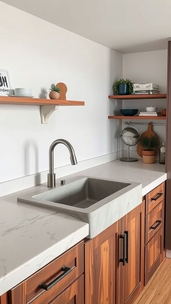 Concrete sink in a modern kitchen with wooden cabinets and shelves