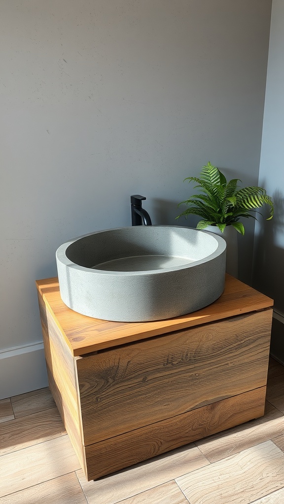 A concrete sink on a wooden base in a rustic bathroom setting with a small green plant.