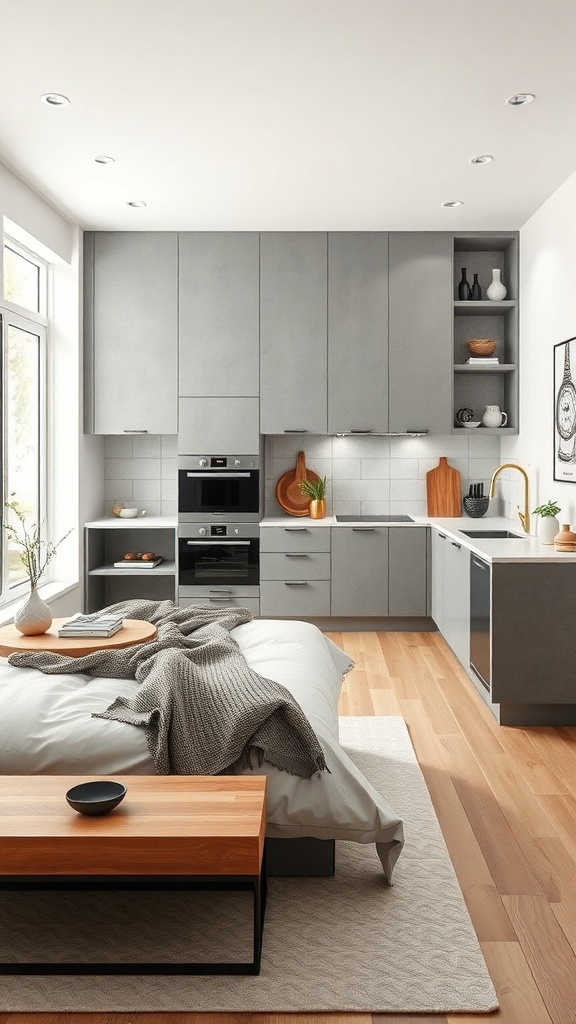 Modern concrete kitchen with gray cabinetry and wooden accents