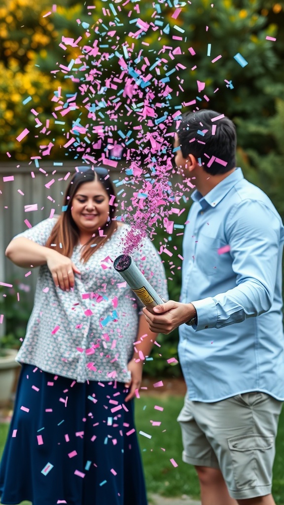 A couple celebrating a gender reveal with a confetti cannon, surrounded by colorful confetti.