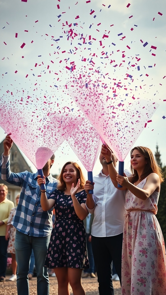 A group of people joyfully preparing to launch confetti cannons for a gender reveal celebration.