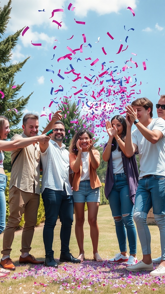 Group of friends celebrating a baby reveal with confetti cannon outdoors