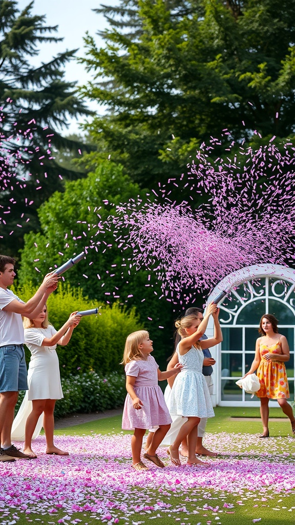 A family celebrating a gender reveal with confetti cannons, surrounded by colorful confetti in a garden setting.