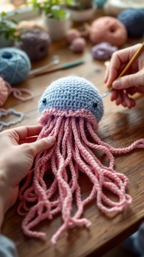 A person assembling a crochet jellyfish, connecting its blue body with pink tentacles, amidst colorful yarns.