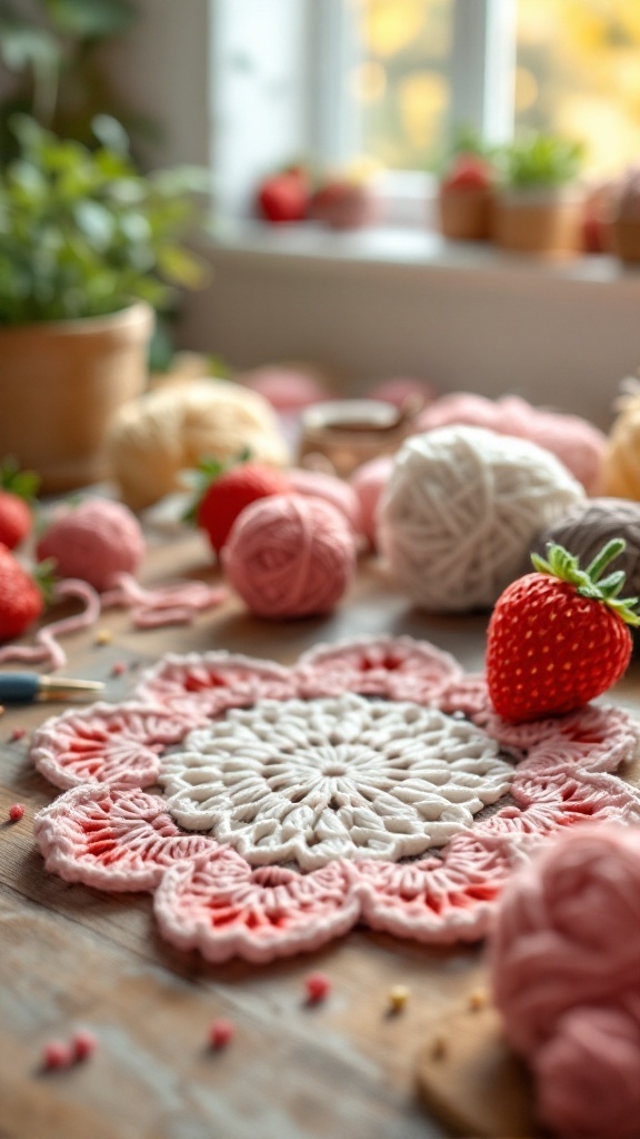 A cozy crochet workspace featuring colorful yarns, a delicate doily, and a crochet strawberry.
