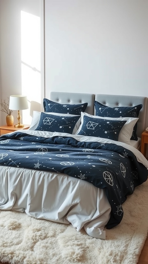 A cozy bedroom featuring constellation bedding with a navy blue comforter and matching pillows, complemented by a lamp and soft textures.