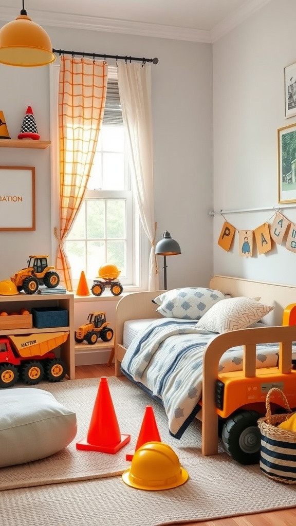 A toddler boy's bedroom designed with a construction theme featuring toys, cones, and a cozy bed.