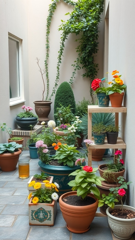 A small courtyard filled with various colorful potted plants and flowers.
