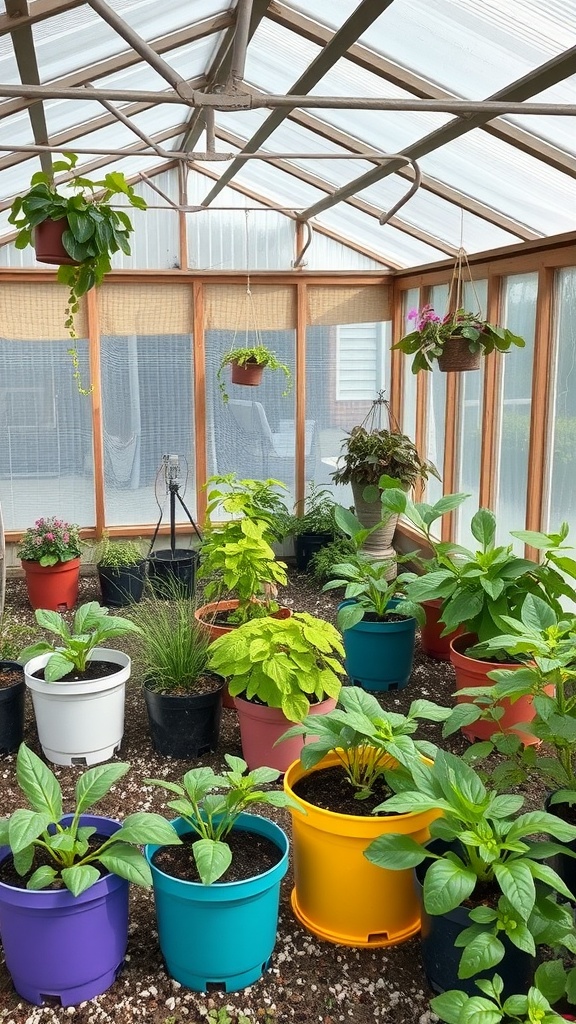 A small backyard greenhouse filled with various potted plants.